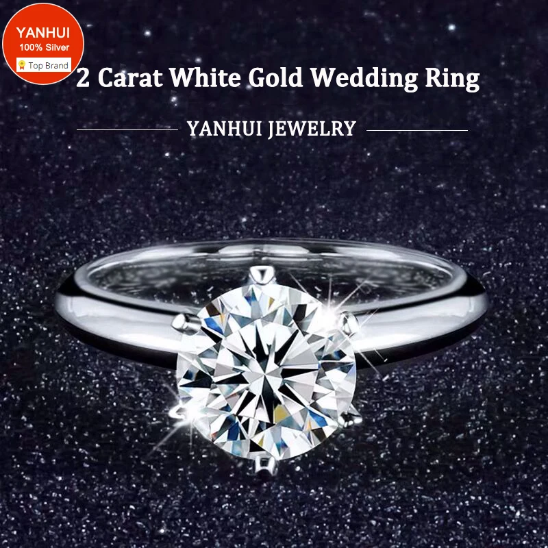 Gratis Sendt Certifikat! Original Solid 18K Hvide Guld Solitaire Ring 2 Karat med Zirkonia Sten Diamant Bryllup Band til Kvinder