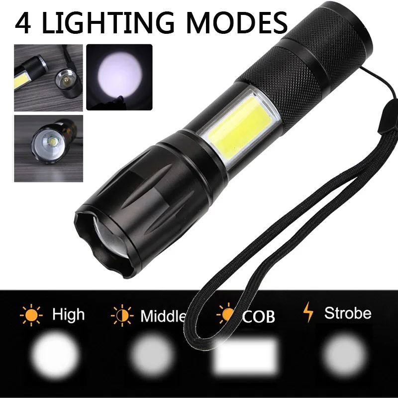 5000LM Kraftig LED Lommelygte Side COB Lampe Design T6 Zoomable fakkel 4light tilstande use18650 batteri + oplader, til camping