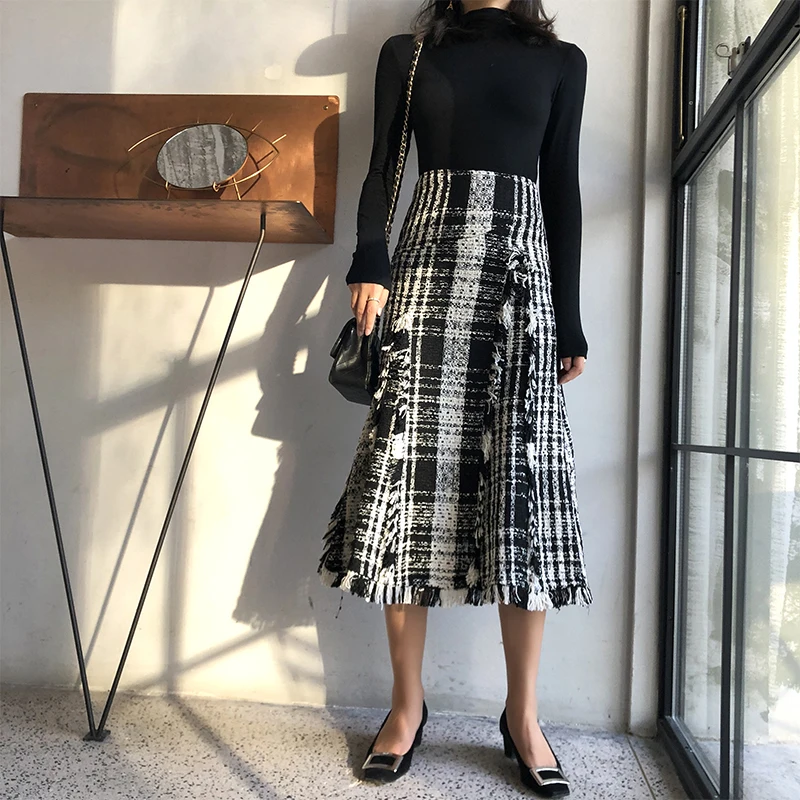 2019 Vinteren Kvinder Tweed Vintage Nederdel Med Høj Talje Bløde Uldne Plaid Kontrolleret Midi-A-Line Nederdele Kvindelige Faldas