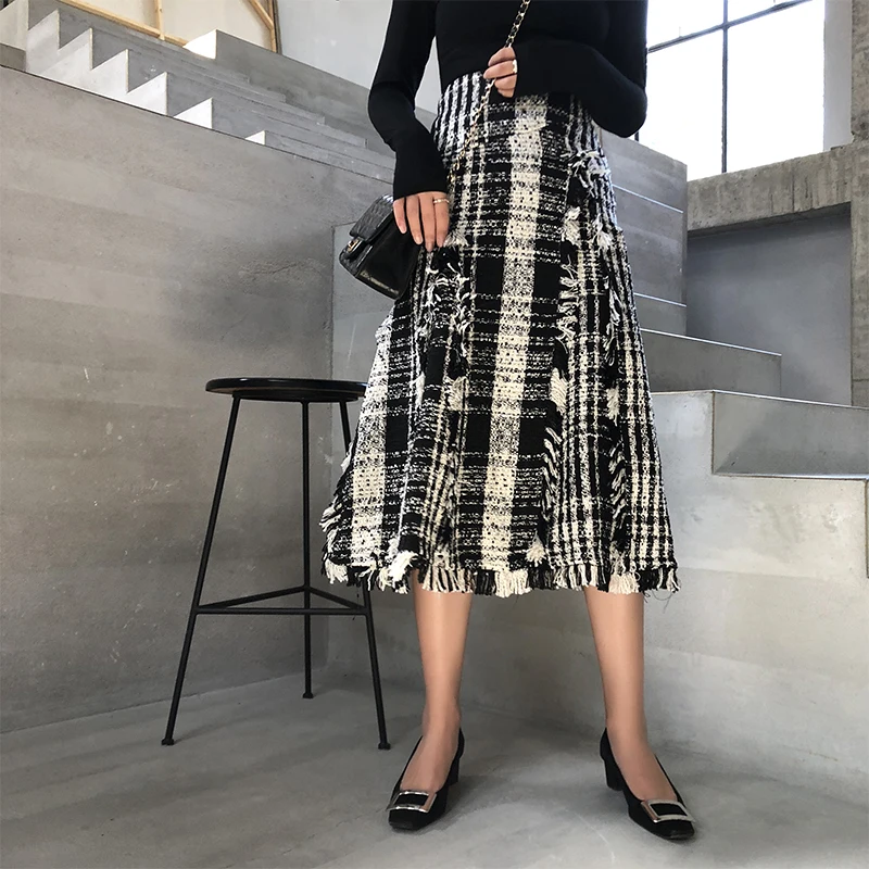 2019 Vinteren Kvinder Tweed Vintage Nederdel Med Høj Talje Bløde Uldne Plaid Kontrolleret Midi-A-Line Nederdele Kvindelige Faldas