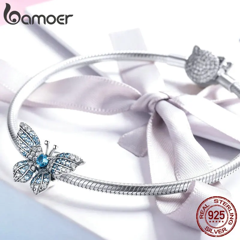 BAMOER 925 Sterling Sølv Krystal Blå Zircon Butterfly Perler passer til Armbånd Kvinder Halskæder Sølv Smykker BSC061