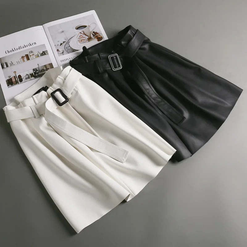 Hvid Sort Pu Casual Nederdel Kvinder Street Office Mode Lommer Nederdel med Bælte Kvindelige Damer højtaljede Imiteret Læder Nederdele