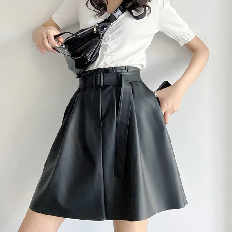 Hvid Sort Pu Casual Nederdel Kvinder Street Office Mode Lommer Nederdel med Bælte Kvindelige Damer højtaljede Imiteret Læder Nederdele