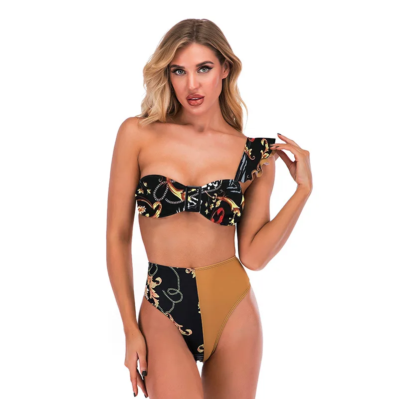 Tankini Badetøj Kvinder 2020 Nye Badedragt Sexet Split Skulder Print Almindelig Syning Beach Bikini Høj Talje Plus Size Badetøj