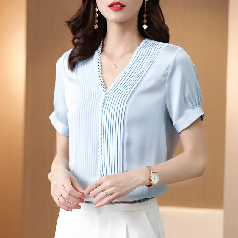 2020 Sommeren Real Silk Kvinder Shirt Elegante Mode V-hals, Korte Ærmer Solid Bluse med Knapper Naturlig Silke Kontor Dame Toppe, Bluser