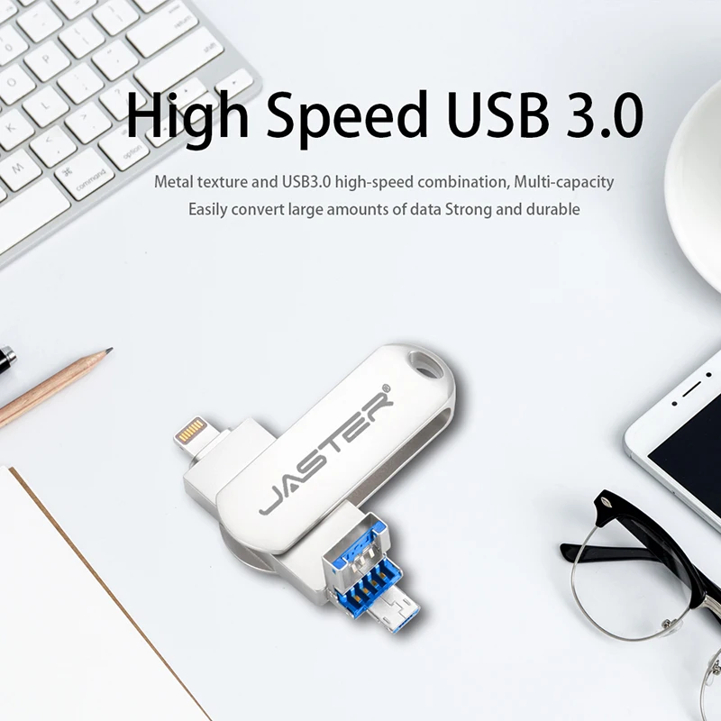 JASTER Pen Drive Lightning Otg Usb-Flash-Drev 3.0 para Iphone ipad Android 16gb, 32gb, 64gb 128gb 256gb Pendrive 3 in1