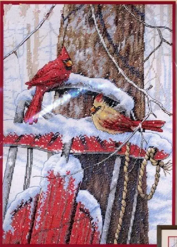 Høj Kvalitet Dejlige Tælles Cross Stitch Kit Kardinaler på Slæden, Cardinal Rød Fugl Vinter Sne dim 08837