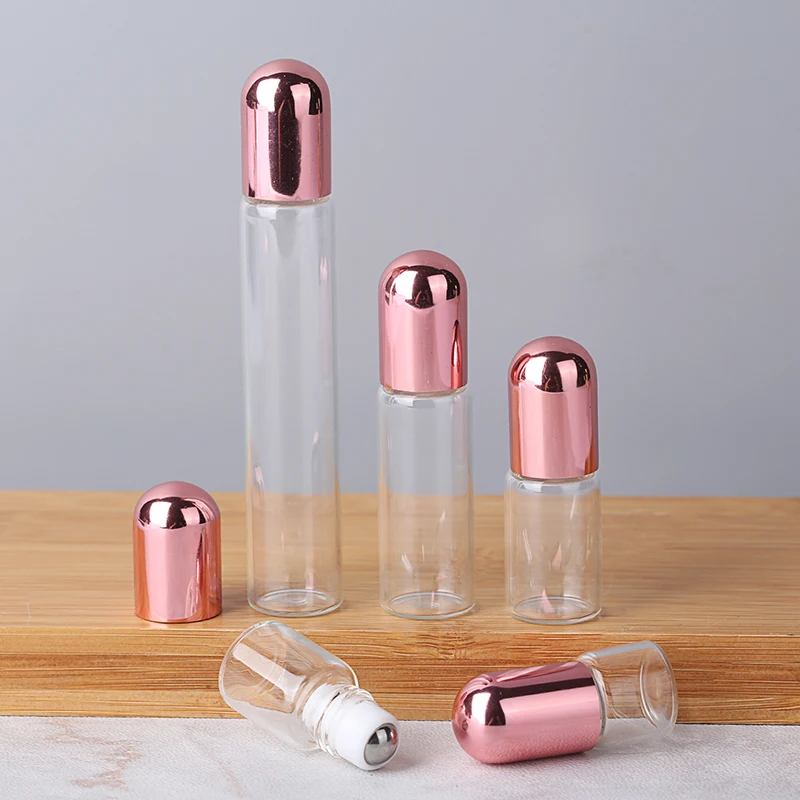 Whoelsael 1 ml 2 ml 3ml Mini Klar Farve Bold, Glas, Flasker, 100pcs/masse Stål Bolden Æterisk Olie Glas Genpåfyldelige Flasker Pink Hætte