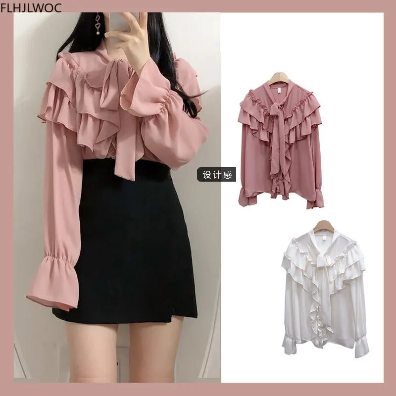 Pink White Solid Skjorter, Lange Ærmer Enkelt Breasted Knap Casual Søde Søde Butterfly, Kvinder, Korea, Japan Style Pjusket Toppe Blusas
