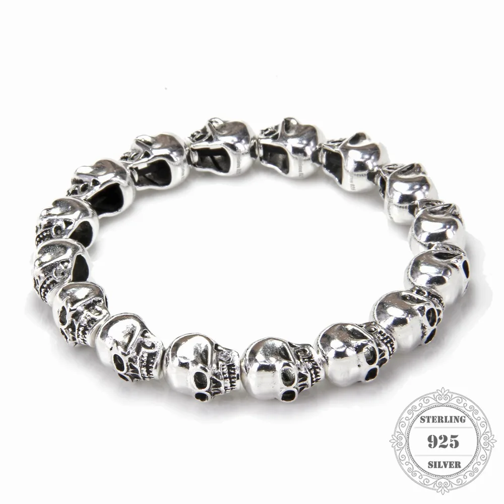 HEMISTON Punk 925 Sterling Sølv Skull Perler Armbånd, 14CM-24CM, Fine Smykker Gave til Kvinder og Mænd TS 021