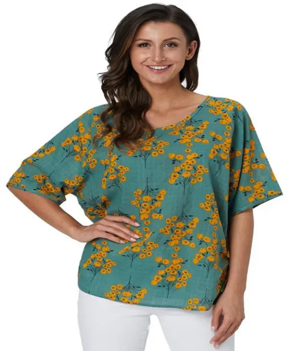 Baharcelin stor Størrelse Pige Kvindelige Sommer Bluse Batwing Ærme Casual Bluse Plus Size Trykt Blomstret sengetøj Top Tøj