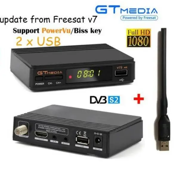 5PCS gtmedia v7s DVB-S2-Modtager Fuld 1080P Receptor PowerVu Biss WiFi 3G USB-PVR