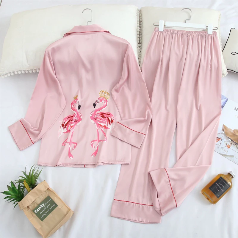 Fiklyc undertøj med lange ærmer 2020 foråret womwn pejamas pijamas invierno mujer silke pijama flamingo satin pyjamas sæt conjuntos