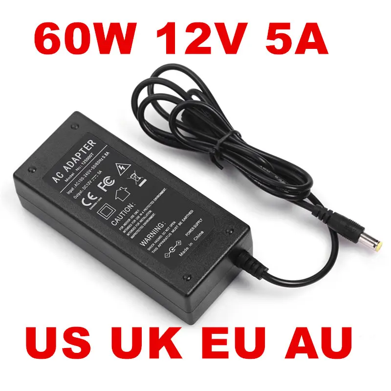 1 STK 12V 5A 60W Strømforsyning 12v5a Ac Adapter OS EU UK AU-stik AC 100-240V til DC-AC linje 1.2 M + DC linje 1.2 M