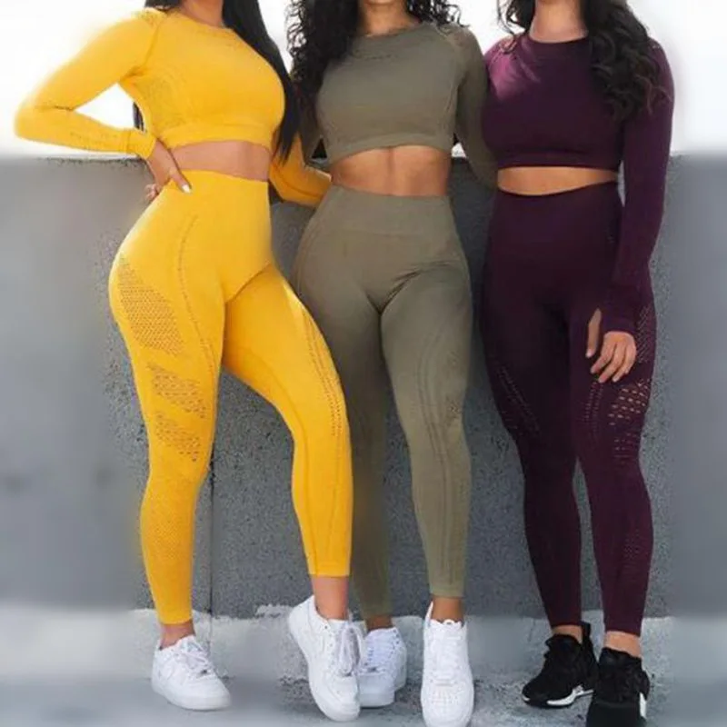 2020 Fitness Yoga Passer Mesh Træning Tøj Til Kvinder med sportstøj Fitness Tøj Gul Problemfri Sport Sæt Legging Shirt Bukser X269B