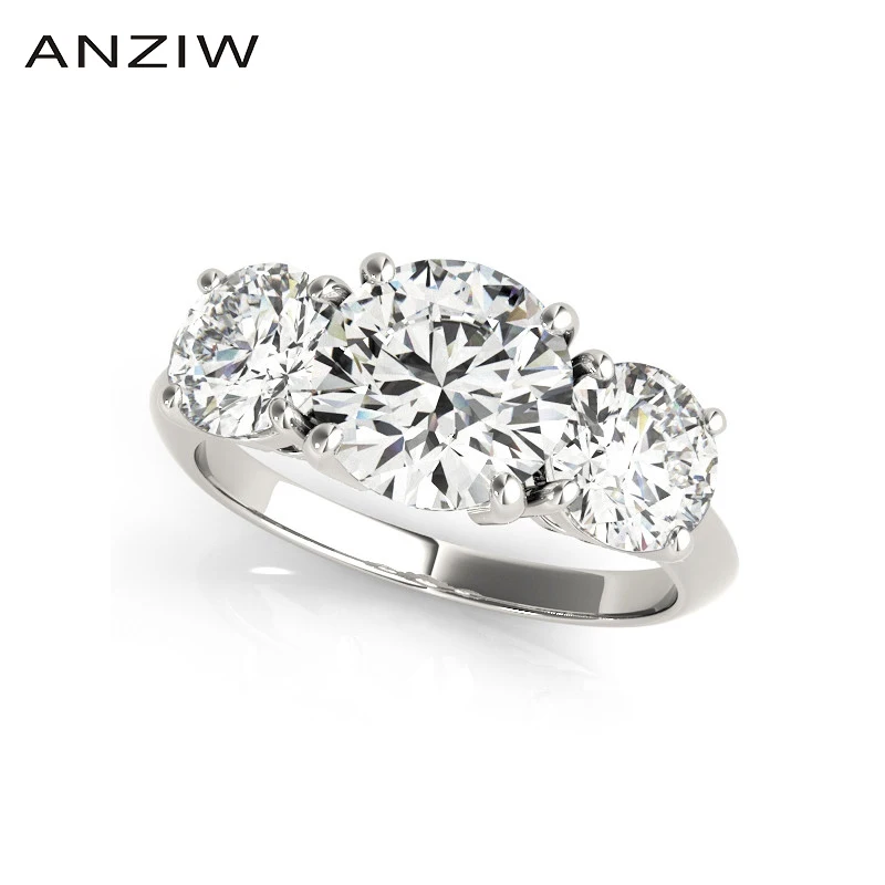 ANZIW 925 Sterling Sølv Kvinder, Bryllup, Engagement Brude Ringe Tre Sten Ringe 2ct Runde Annversary Sølv Elsker Smykker
