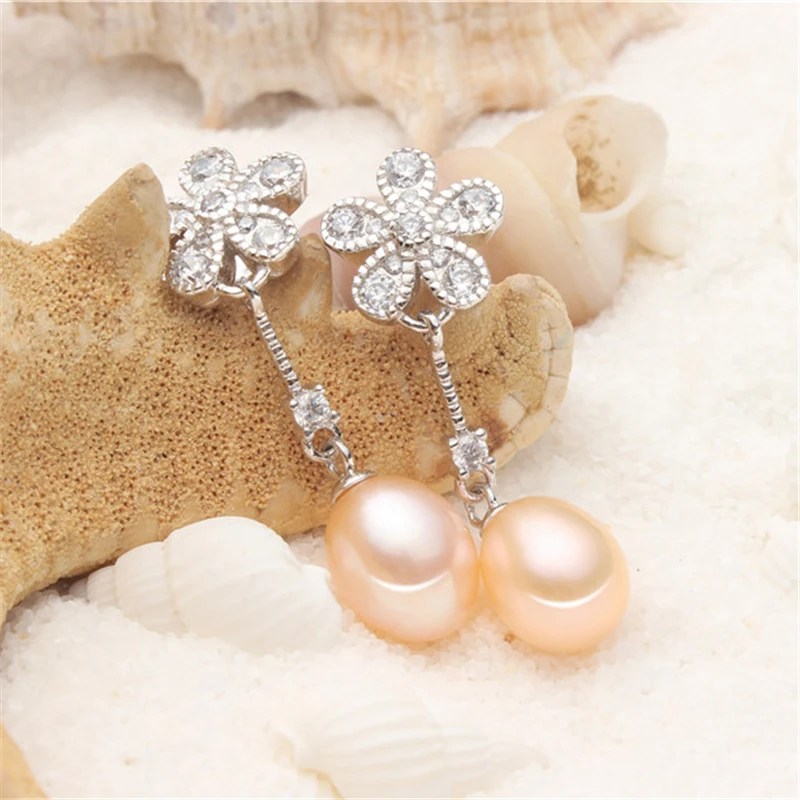 Dainashi Mode 925 Sterling Sølv Zircon Blomst Dråbe Øreringe Ægte Naturlige Ferskvands-Ovalt Perle Øreringe til Kvinder