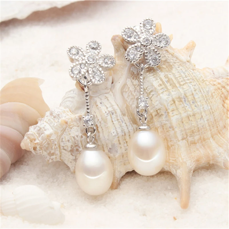 Dainashi Mode 925 Sterling Sølv Zircon Blomst Dråbe Øreringe Ægte Naturlige Ferskvands-Ovalt Perle Øreringe til Kvinder