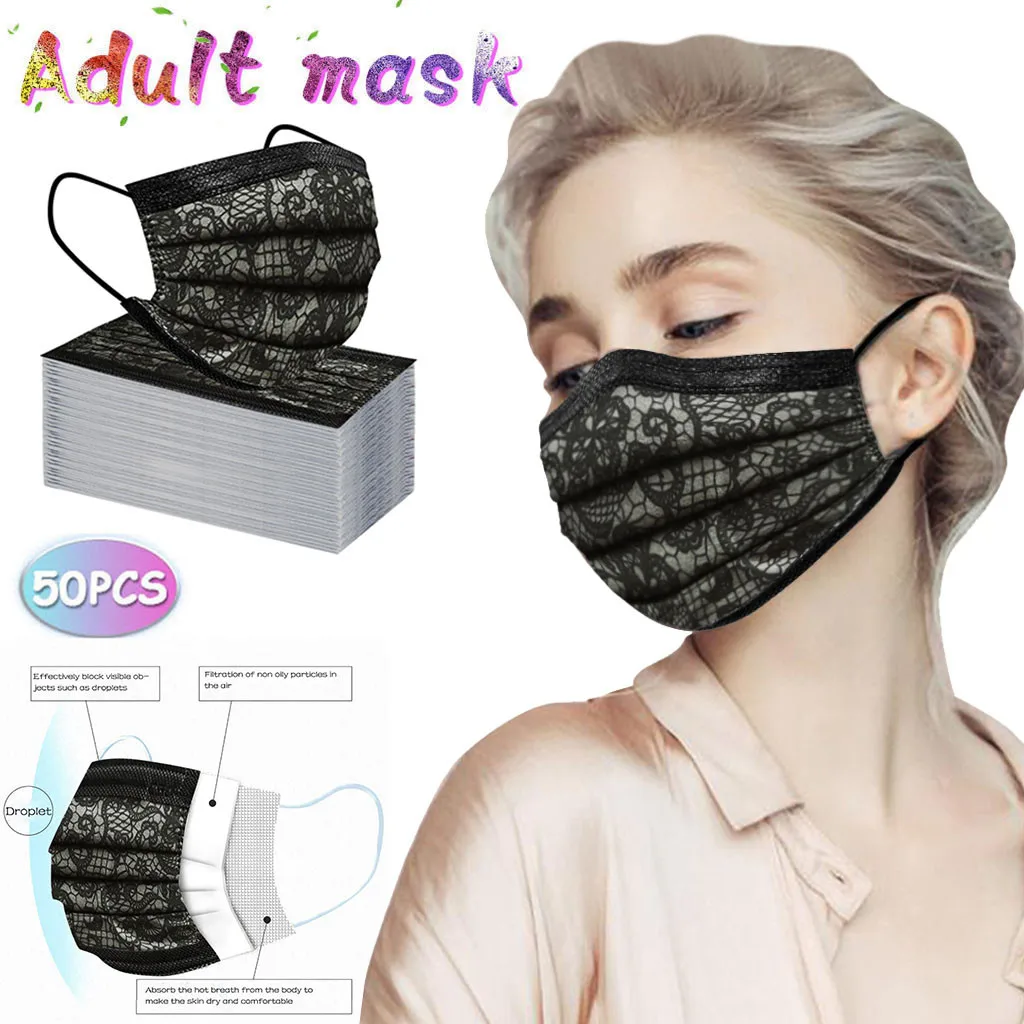 50stk Disponibel Masker Ikke-vævet ansigtsmasker 3 lag Lags Filter Anti Støv Åndbar Voksen Munden Maske Sort Med Blonde Mønster