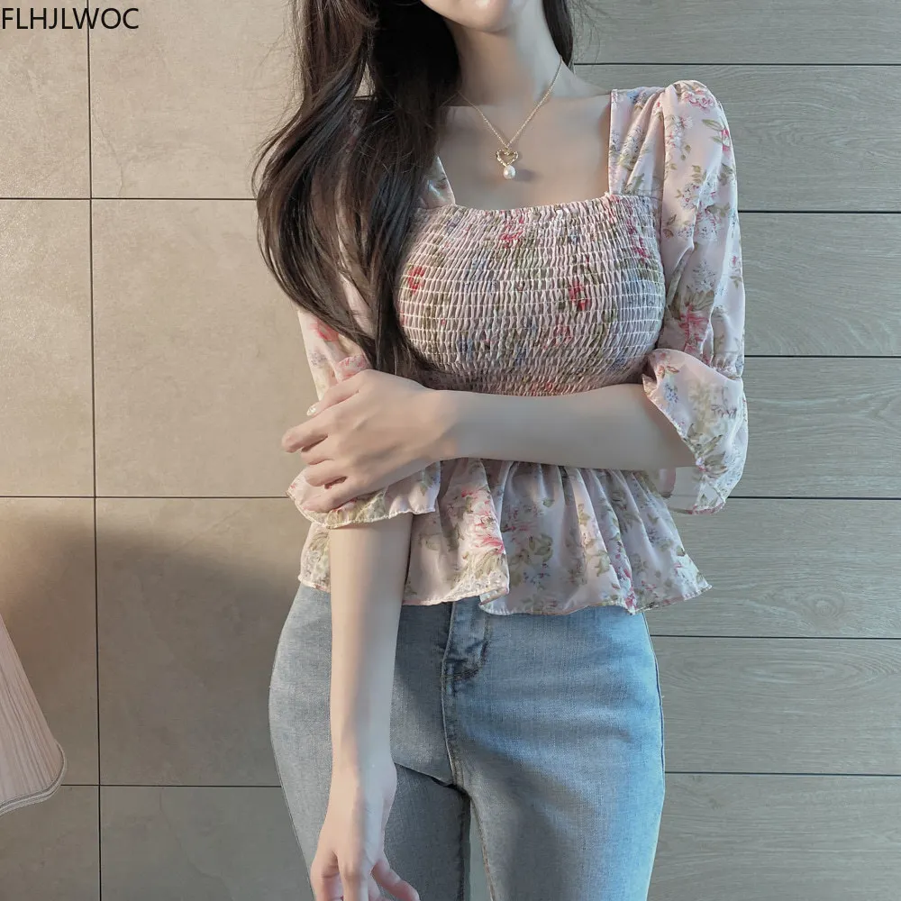 Sommeren Søde Kort Smarte Toppe Hot Salg Kvinder Koreansk Japansk Flhjlwoc Stil Design Pink Blomster Pjusket Vintage Peplum Top Bluse