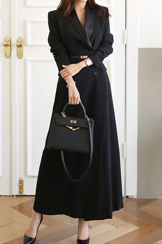 Ny Efterår Og Vinter Kontor Dame Bane Designer Kvinder Lang Trench Coat Hak Krave Wrap Black Maxi Outwear