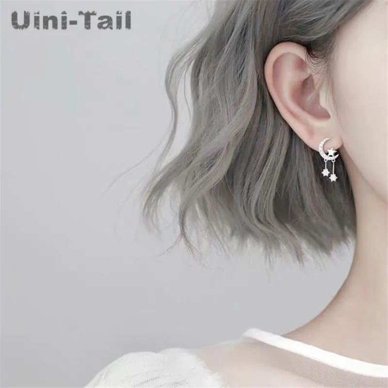 Uini-Hale hot nye 925 sterling sølv skinnende stjerne, månen kvast micro indlæg øreringe simple temperament niche design i høj kvalitet