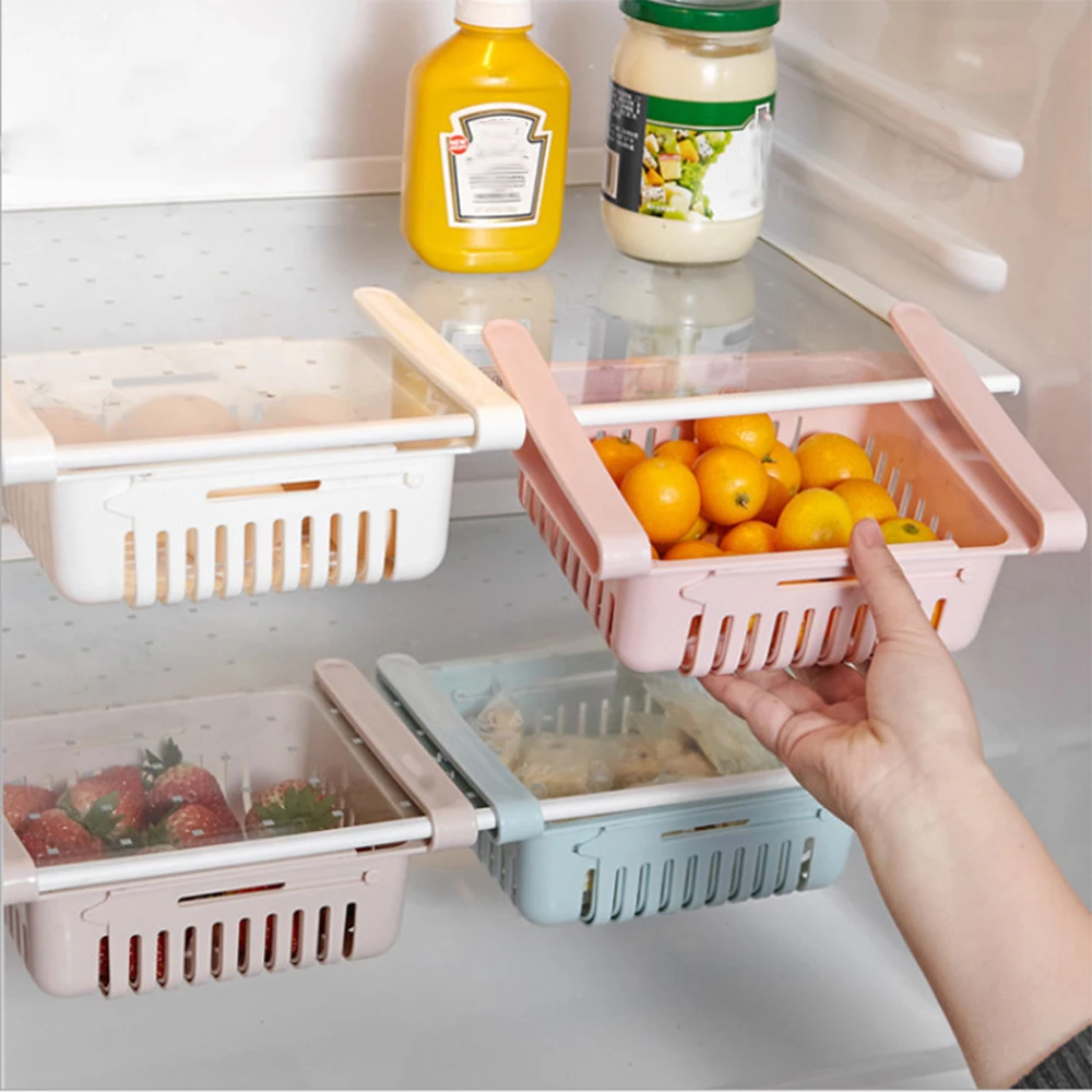 Køkken Container Justerbar Dias, Køkken, Køleskab, Fryser Space Saver Arrangør Opbevaring Boxs Rack Hylde Holder Køleskab
