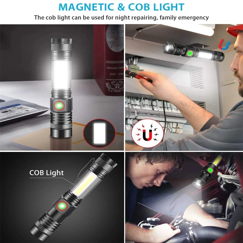 8000LM Lomme Lommelygte Super Lyse Magnetiske LED Lommelygte USB-Genopladelige med Sidelys Vandtæt Zoomable Lys Til Udendørs