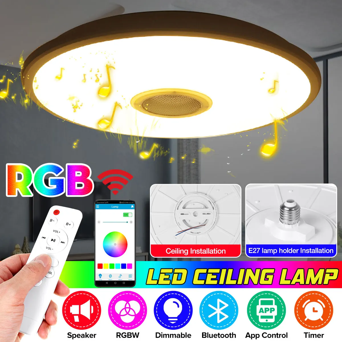 250W RGB-LED-loftsbelysning APP bluetooth Højttaler Musik, Lys Soveværelse Lampe Dæmpbar E27 Smart Loft Lampe med Fjernbetjening