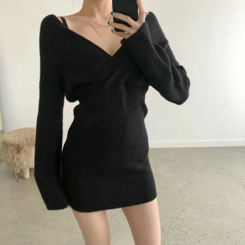 Gagaok Kvinder Sweater Kjole 2020 Foråret Efteråret Nye Solid Vintage V-Hals Mini Kjoler Slank Sexet Bodycon Fashion Vilde Vestidos