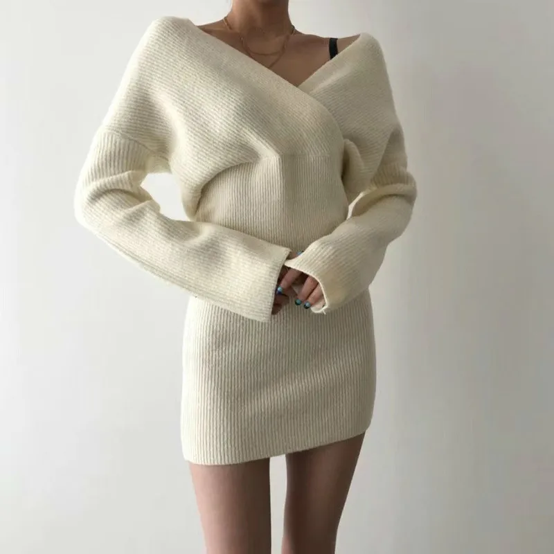 Gagaok Kvinder Sweater Kjole 2020 Foråret Efteråret Nye Solid Vintage V-Hals Mini Kjoler Slank Sexet Bodycon Fashion Vilde Vestidos
