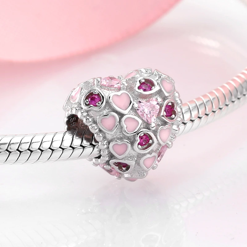 Ægte 925 Sterling Sølv med Pink hjerte krystal klart zircon perler Passer Oprindelige Europæiske Charms Armbånd Smykker at Gøre