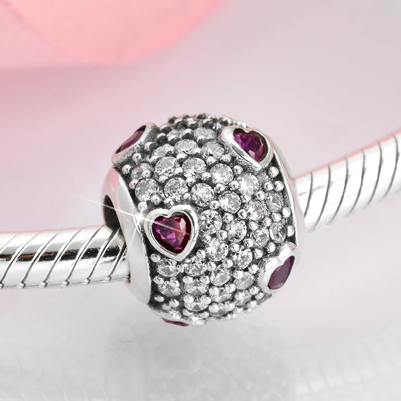 Ægte 925 Sterling Sølv med Pink hjerte krystal klart zircon perler Passer Oprindelige Europæiske Charms Armbånd Smykker at Gøre