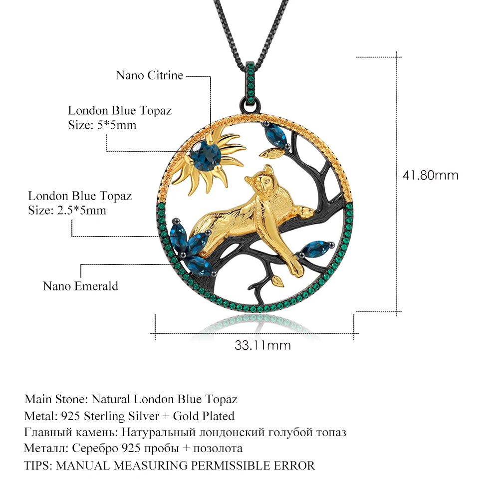 PERLE ' S BALLET Naturlige London Blå Topaz Håndlavet Leopard på Træet Halskæde 925 Sterling Sølv Fine Smykker Til Kvinder