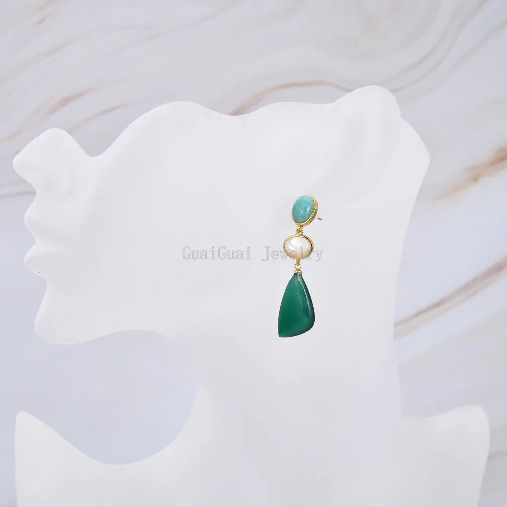 Tilbud Gg smykker geometriske naturlige sten grøn peruvianske hvid shell farve forgyldt stud øreringe i vintage-stil | Øreringe > www.ribus.dk