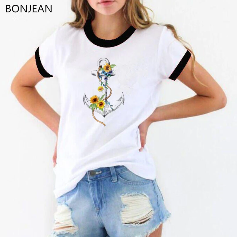 2019 Sommer Toppe, t-shirt femme Akvarel Steg Chrysanthemum Anker trykte t-shirt kvinder harajuku kawaii tshirt kvindelige