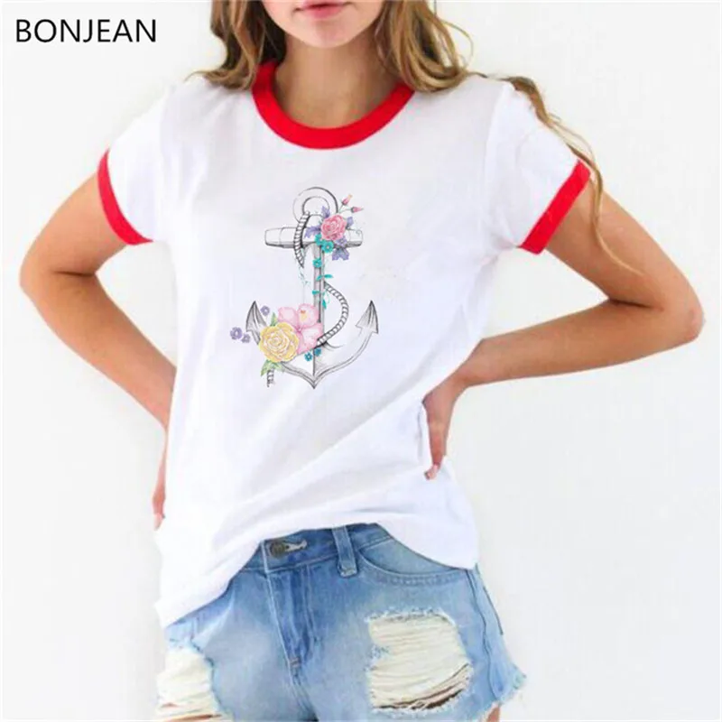 2019 Sommer Toppe, t-shirt femme Akvarel Steg Chrysanthemum Anker trykte t-shirt kvinder harajuku kawaii tshirt kvindelige