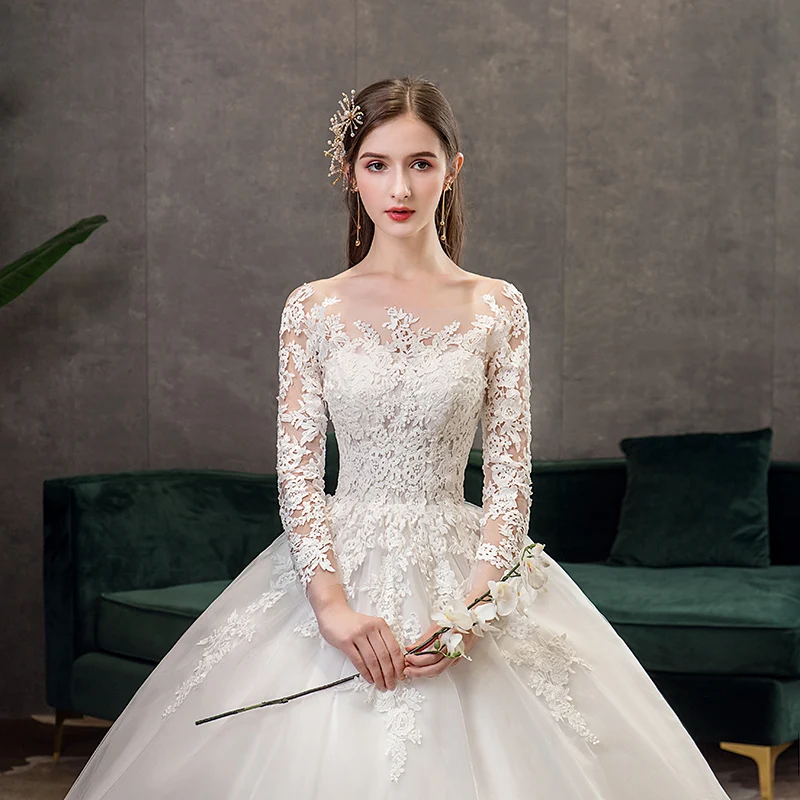 Billige Elegant smuk langærmet Plue size Brudekjole 2020 Ny stil Broderi Sexet Ryg-Bride Kjole Vestidos De Noiva