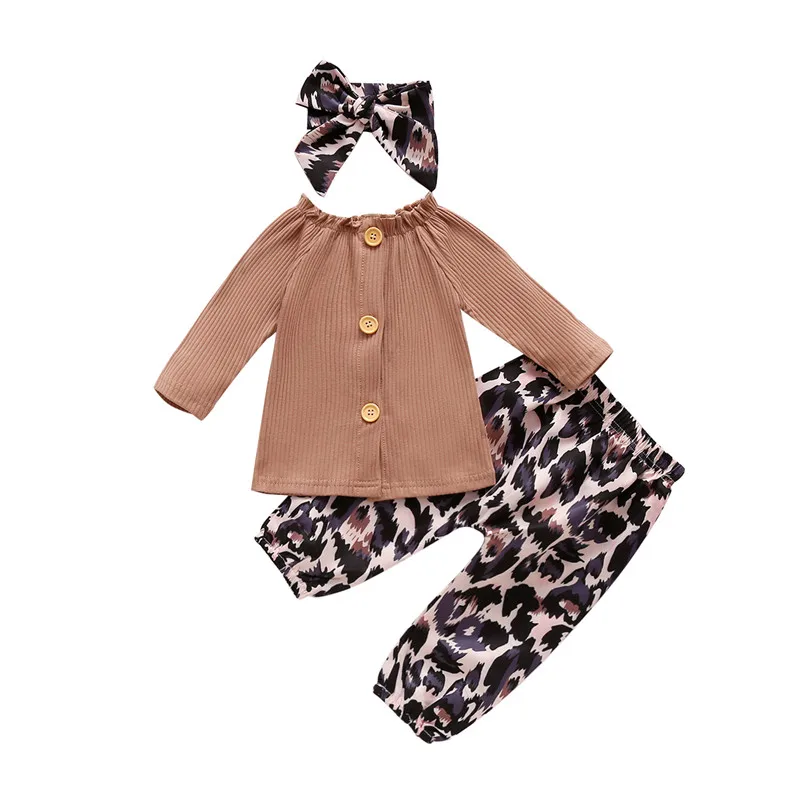 Baby Pige Tøj 2020 Nyfødte Lange Ærme, Rib t-shirts Leopard Print Løse Bukser Bue Hovedbøjle 3stk Udstyr