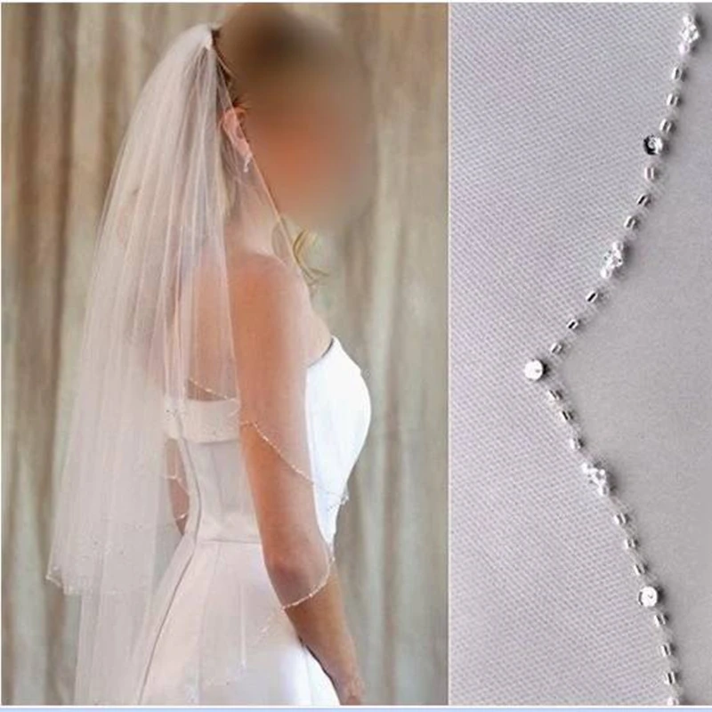 Fremme Høj Kvalitet Bryllup Tilbehør Elegante Taljen Længde Tulle to-lags perlebesat med kam brudeslør