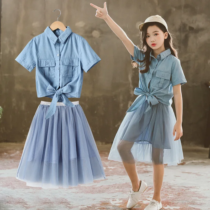2021 Sommeren Store Piger Nederdel Sæt koreanske Denim Skjorte med Mesh Nederdel To stykke Tøj, der Passer Piger Boutique-Back to School Outfit
