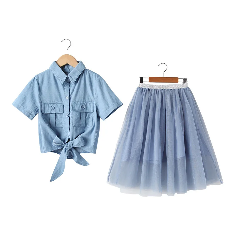 2021 Sommeren Store Piger Nederdel Sæt koreanske Denim Skjorte med Mesh Nederdel To stykke Tøj, der Passer Piger Boutique-Back to School Outfit