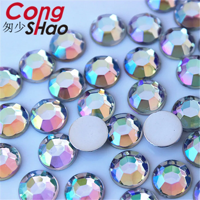 Cong Shao 200pcs 10mm AB Farverige flatback sten og krystaller Acryl Runde Rhinestone applikationer DIY kostume Dekoration YB656