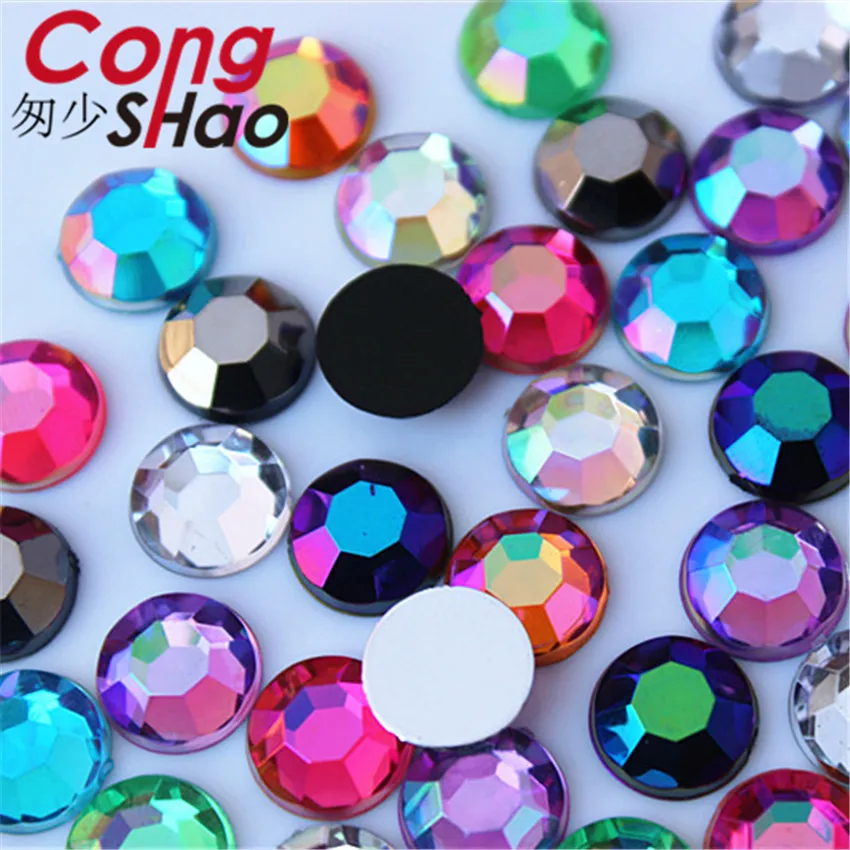 Cong Shao 200pcs 10mm AB Farverige flatback sten og krystaller Acryl Runde Rhinestone applikationer DIY kostume Dekoration YB656