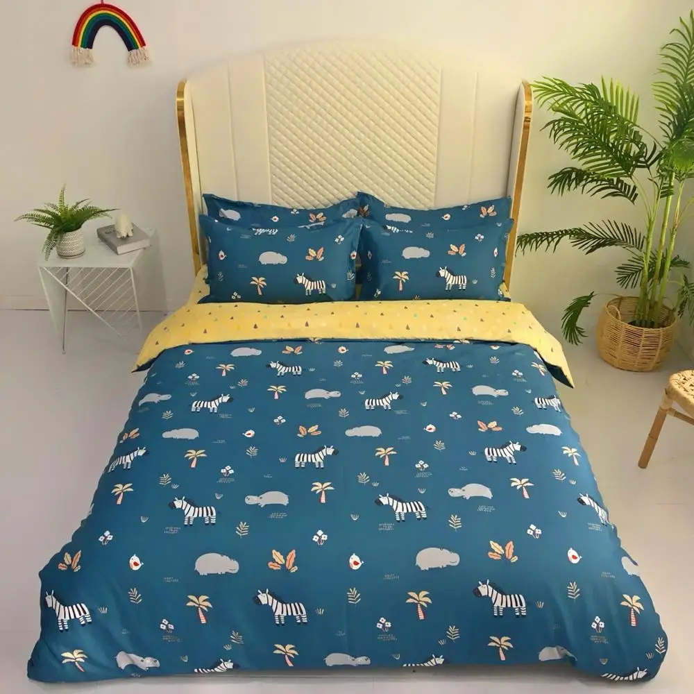 4 Stykker Zebra/Hippo Bedding Set Tegnefilm Dynebetræk 3D-Print skovens Dyr Bed Cover Sæt OS-Fuld(200x230cm) Quilt Bed Cover