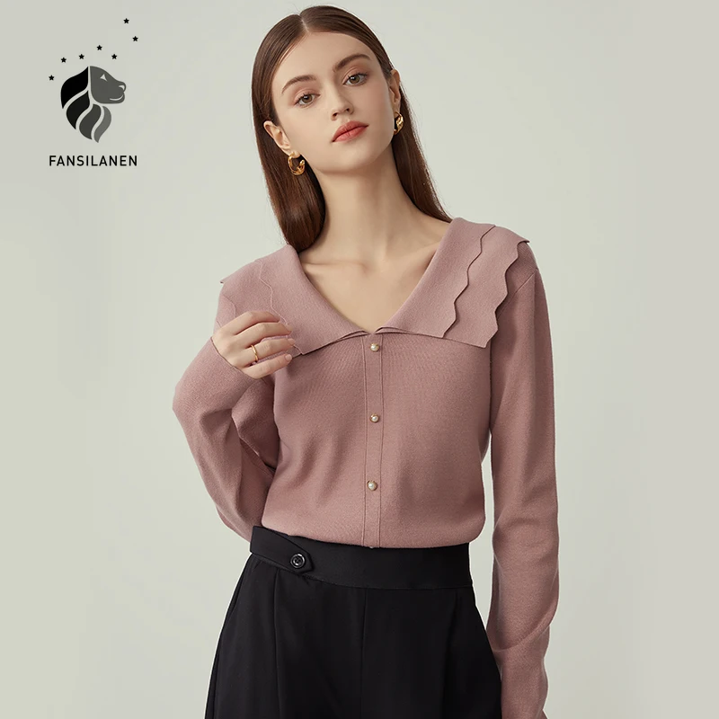 FANSILANEN Vintage v hals pink uld strikket sweater Kvinder knappen lange ærmer sort pullover Kvindelige efterår og vinter jumper top