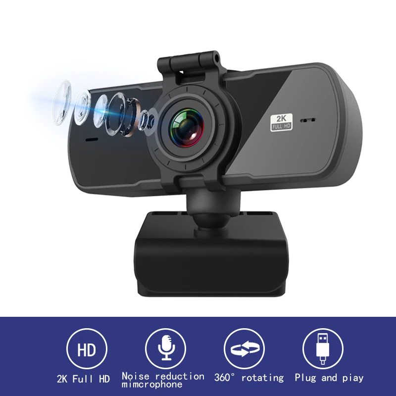 Nye Webcam 2K Auto Fokus USB Full HD Web-Kamera med Mikrofon Cam for Mac Bærbar Computer Video Live Streaming