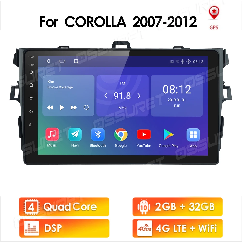 2 GB RAM, 32 GB ROM 2 Din Android 10 9Inch Bil Radio Multimedie-Afspiller med WIFI 4G LTE For Toyota Corolla 2007 - 2012 GPS Navi SWC