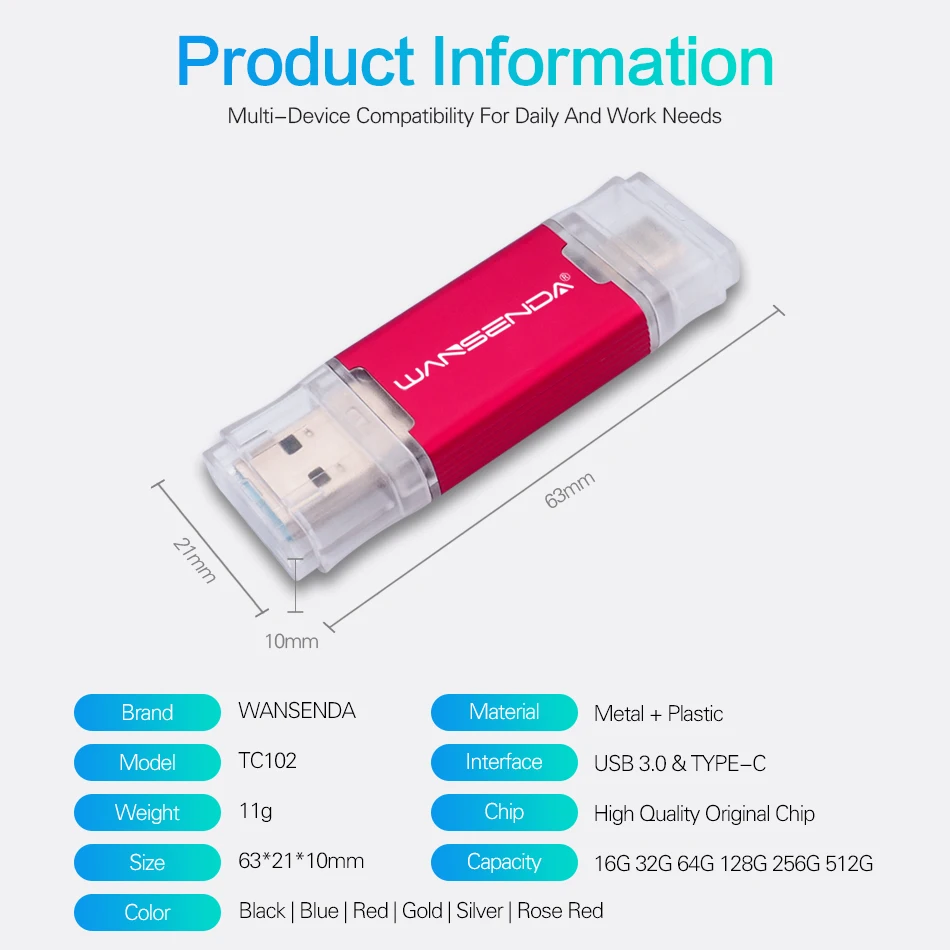 WANSENDA OTG 2-i-1 USB-Flash-Drev USB3.0 & Type-C-Pen-Drev 512GB 256GB 128GB 64GB 16GB 32GB USB-Pendrive 3.0 Memory Stick