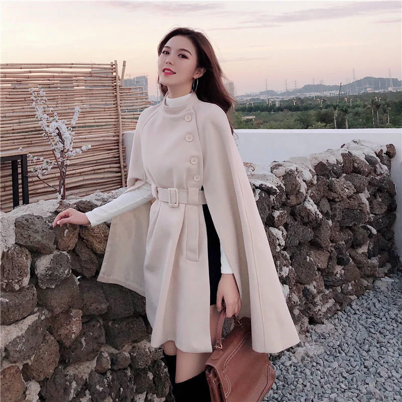 Koreanere Høj Kvalitet Ny Stil Solid Farve Cape Poncho Kvinder Frakke 2020 Efteråret Elegante Saml Talje Uldne Midt-længde Frakke Z552